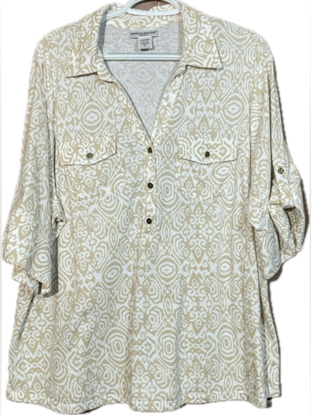 Rebecca Malone 1X Cream Button Down Geometric Print Shirt Roll-Tab Sleeves GUC